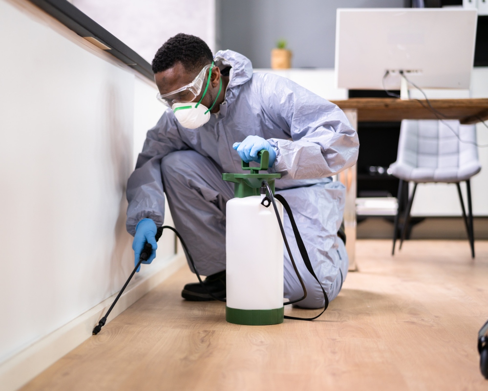 pest control exterminator man spraying termite pesticide in office